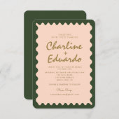 Faire-part de mariage Retro Wavy Green Peach Paste (Devant / Derrière)