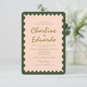 Faire-part de mariage Retro Wavy Green Peach Paste (Debout devant)