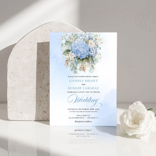 Faire-part de mariage romantique bleu hydrangea eu