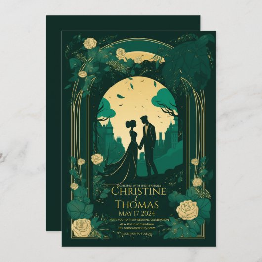 Faire-part de mariage romantique Emerald Green et  (Devant / Derrière)