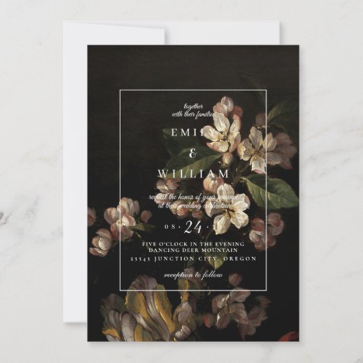 Faire-part de mariage romantique Moody Flore foncé (Devant)