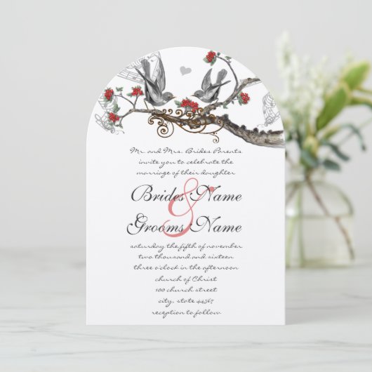 Faire-part de mariage romantique rustique rouge vi (Debout devant)
