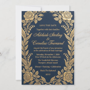 Faire-part de mariage Rose à feuille d'or et marin