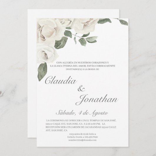 Faire-part de mariage rose blanche espagnol (Devant / Derrière)