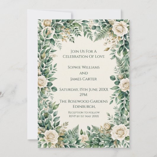 Faire-part de mariage Rose Blanche Verte (Devant)