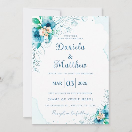 Faire-part de mariage Rose bleu chic avec code QR (Devant)