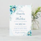 Faire-part de mariage Rose bleu chic avec code QR (Debout devant)