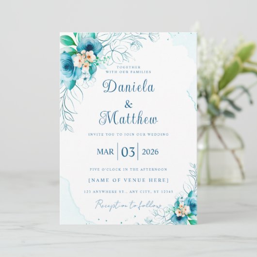 Faire-part de mariage Rose bleu chic avec code QR (Debout devant)