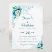 Faire-part de mariage Rose bleu chic avec code QR (Devant / Derrière)