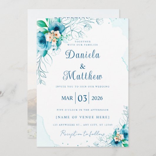 Faire-part de mariage Rose bleu chic avec code QR (Devant / Derrière)