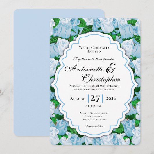 Faire-part de mariage Rose Bleue et Blanche avec B (Devant / Derrière)