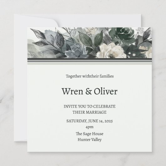 Faire-part de mariage Rose botanique vert foncé (Devant)