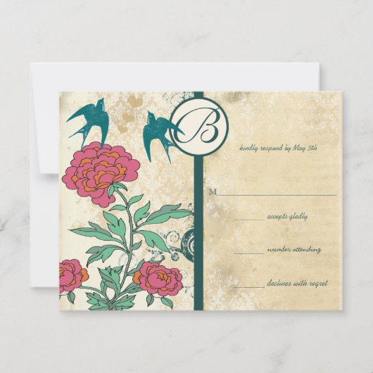 Faire-part de mariage Rose Cabbage Damask Oiseaux  (Devant)