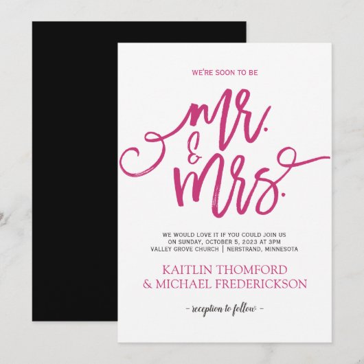 Faire-part de mariage rose chaud et noir | Écritur (Devant / Derrière)