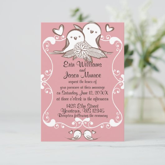 Faire-part de mariage rose de perruches (Debout devant)