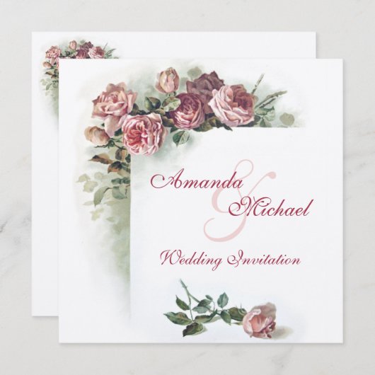 Faire-part de mariage rose de roses (Devant / Derrière)