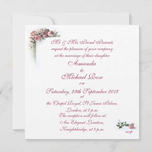 Faire-part de mariage rose de roses (Dos)