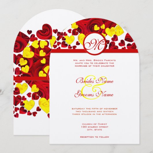 Faire-part de mariage Rose du coeur jaune et rouge (Devant / Derrière)