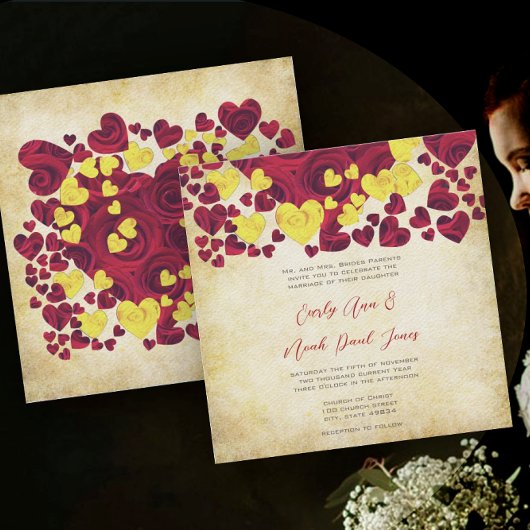 Faire-part de mariage Rose du coeur jaune et rouge