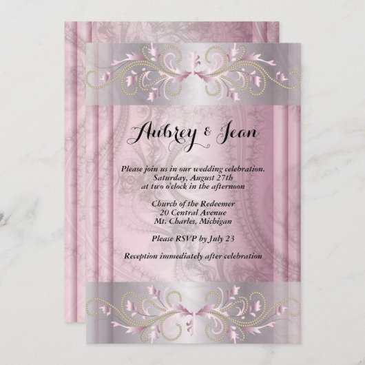 Faire-part de mariage rose et argent (Devant / Derrière)