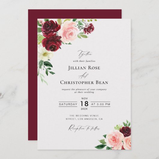 Faire-part de mariage rose et bordeaux (Devant / Derrière)