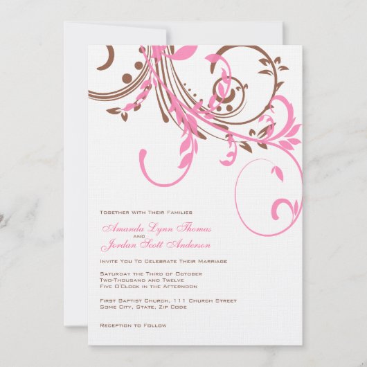 Faire-part de mariage rose et Brown double floral (Devant)