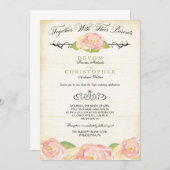 Faire-part de mariage rose et crème floral (Devant / Derrière)