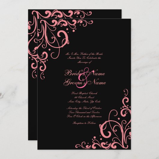 Faire-part de mariage rose et noir (Devant / Derrière)