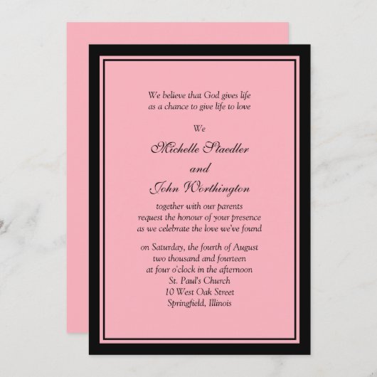 Faire-part de mariage rose et noir simple (Devant / Derrière)