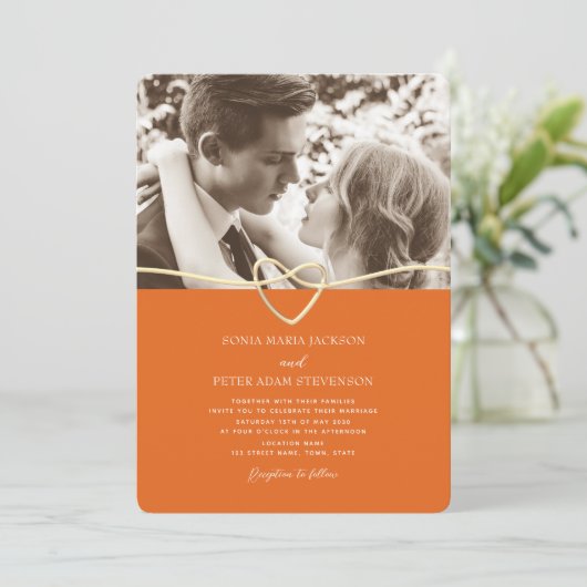 Faire-part de mariage rose et orange avec code QR (Debout devant)