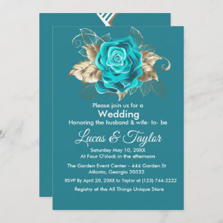 Faire-part de mariage Rose et plumes d'or turquois