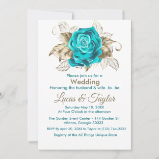 Faire-part de mariage Rose et plumes d'or turquois