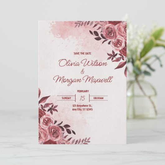 Faire-part de mariage rose et rouge (Debout devant)