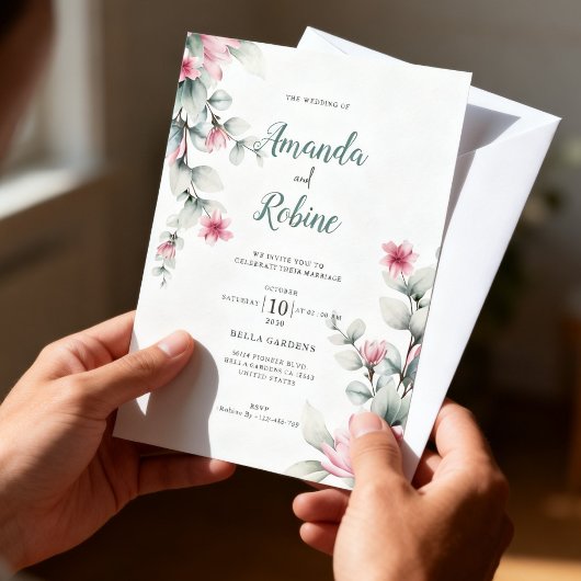 Faire-part de mariage rose et vert sauge