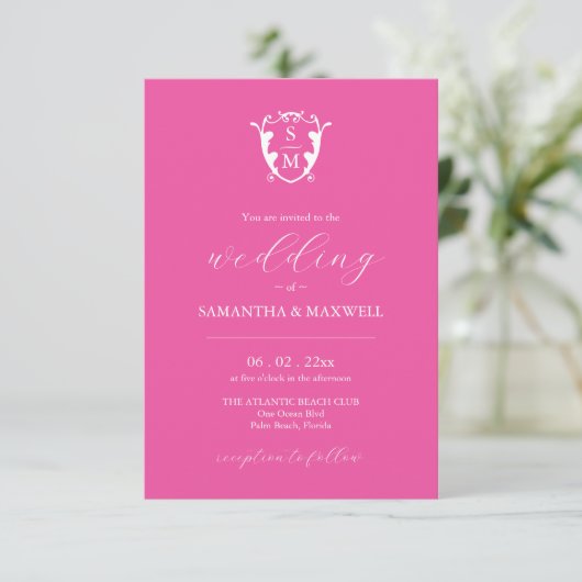 Faire-part de mariage rose Fuchsia avec code QR (Debout devant)