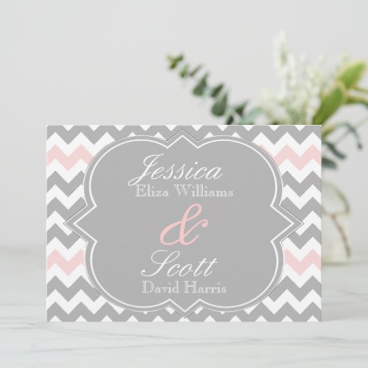 Faire-part de mariage rose gris de Chevron (Debout devant)