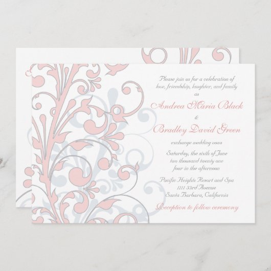 Faire-part de mariage rose, gris et blanc (Devant / Derrière)