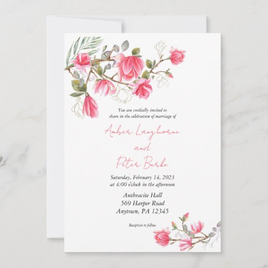 Faire-part de mariage rose Magnolia, invitations (Devant)