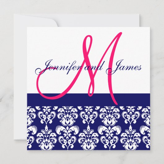 faire-part de mariage rose Monogramme Navy Damas (Devant)