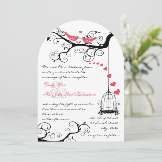 Faire-Part de Mariage Rose Oiseaux d'Amour Moderne (Debout devant)