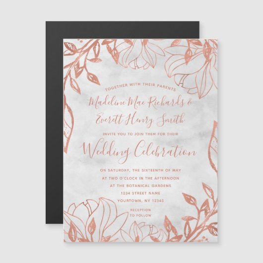 Faire-part de mariage rose or botanique floral gri (Devant / Derrière)