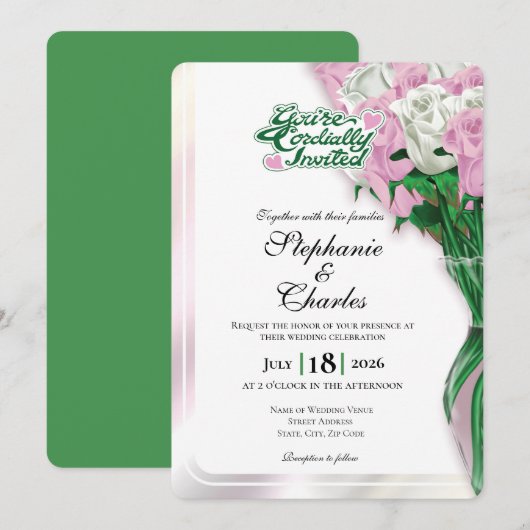 Faire-Part de Mariage Rose Pâle - Lettres Vertes 1 (Devant / Derrière)