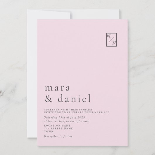 Faire-part de mariage rose pâle minimal (Devant)