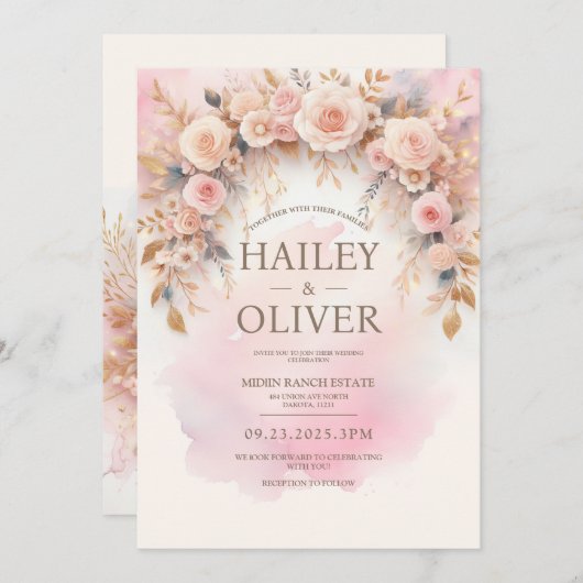 Faire-part de mariage Rose Pastel Watercolor (Devant / Derrière)