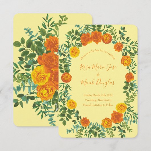 Faire-part de mariage Rose Pivoine Orange et Jaune (Devant / Derrière)