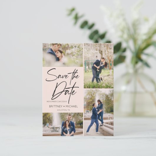 Faire-part de mariage rose poudré en lettres manus (Debout devant)