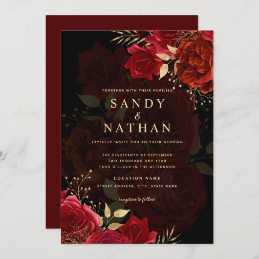 Faire-part de mariage Rose romantique rouge (Devant / Derrière)