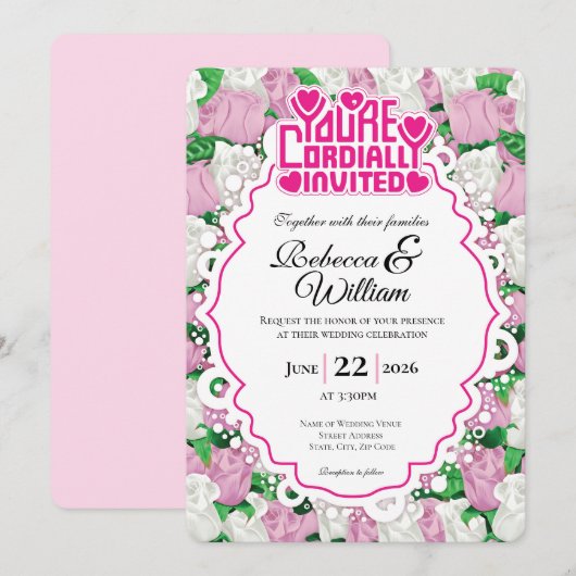 Faire-part de mariage Rose rose et blanc - Lettres (Devant / Derrière)