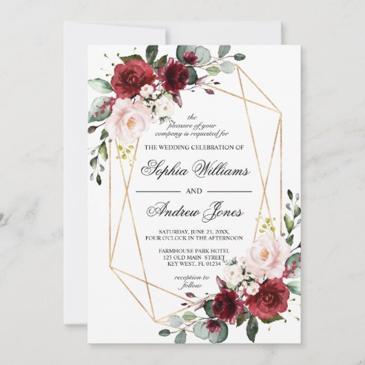 Faire-part de mariage Rose rose et bordeaux (Devant)