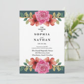 Faire-part de mariage rose rose et sarcelle romant (Debout devant)